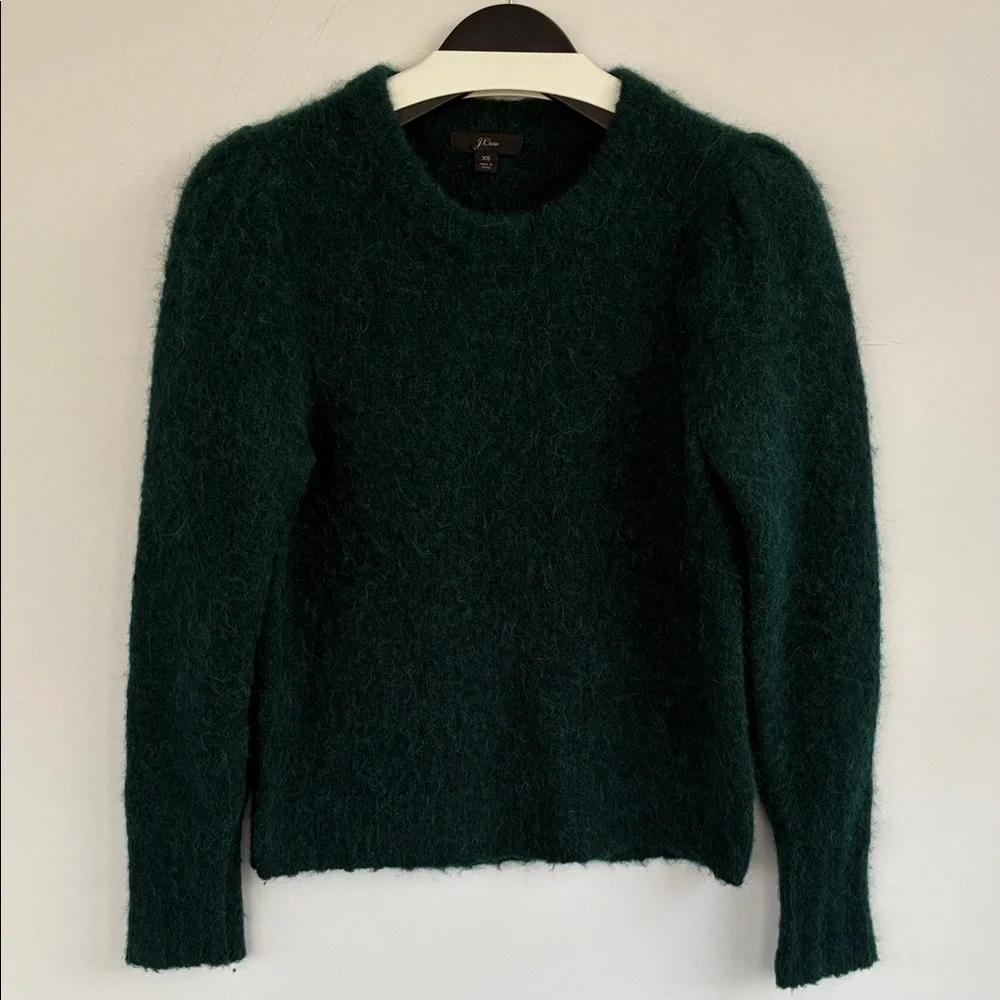 J. Crew Puff Sleeve Fuzzy Crewneck Sweater In Old Forest Alpaca Merino Blend XS